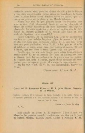 Núm. 57. Carta del P. Saturnino Úrios al R. P. Juan Ricart, Superior de la Misión