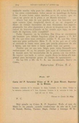 Núm. 57. Carta del P. Saturnino Úrios al R. P. Juan Ricart, Superior de la Misión