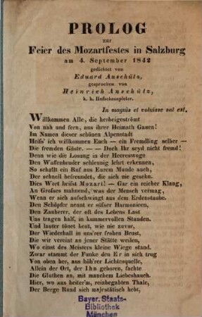 Prolog zur Feier des Mozartfestes in Salzburg am 11. Sept. 1842