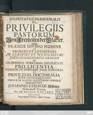 Disputatio Inauguralis De Privilegiis Pastorum