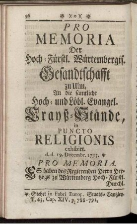 Pro Memoria Der Hoch-Fürstl. Würtembergis. Gesandtschafft zu Ulm, ...