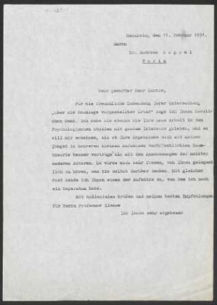 [Brief von Otto Selz an Andreas Angyal vom 11. Februar 1931]