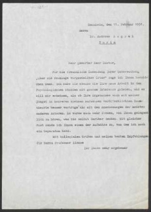 [Brief von Otto Selz an Andreas Angyal vom 11. Februar 1931]