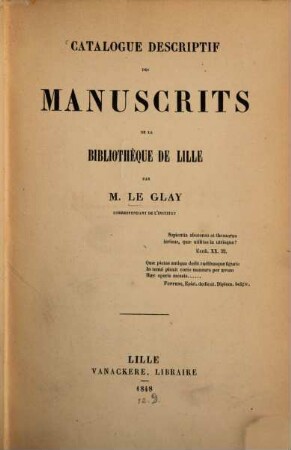 Catalogue descriptif des manuscrits de la bibliotheque de Lille