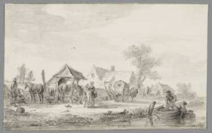 Flusslandschaft mit Bauern und Pferden