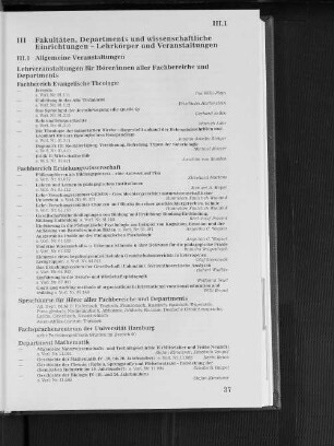 III. Fakultäten, Departments und wissenschaftliche Einrichtungen - Lehrkörper und Veranstaltungen