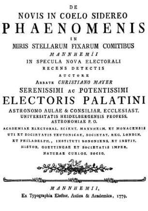De novis in coelo sidereo phaenomenis in miris stellarum fixarum comitibus Mannhemii
