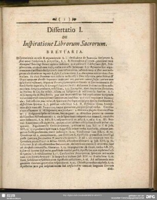 Dissertatio I. De Inspiratione Librorum Sacrorum