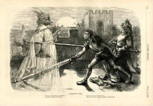 A moonshine scene. [Anschließend folgt ein Textblock] : Whitelaw Reid und Bennett Jr. versuchen in einer Burg ein Gespenst in der Gestalt eines Esels zu bekämpfen