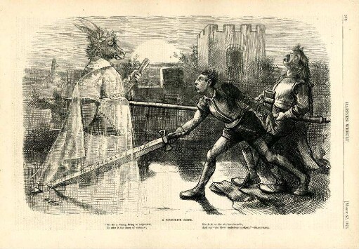 A moonshine scene. [Anschließend folgt ein Textblock] : Whitelaw Reid und Bennett Jr. versuchen in einer Burg ein Gespenst in der Gestalt eines Esels zu bekämpfen