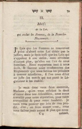 III. Motifs de la Loi, qui exclut les Femmes, de la Franche-Maconnerie.