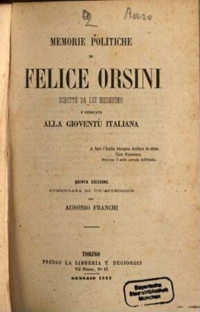 Memorie politiche di Felice Orsini