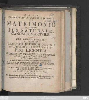 Dissertatio Inauguralis Juridica De Matrimonio Secundum Jus Naturale, Canonicum & Civile