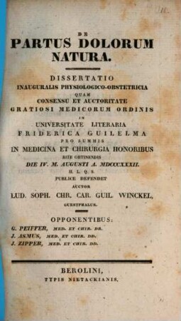 De partus dolorum natura : dissertatio inauguralis physiologico-obstetrica