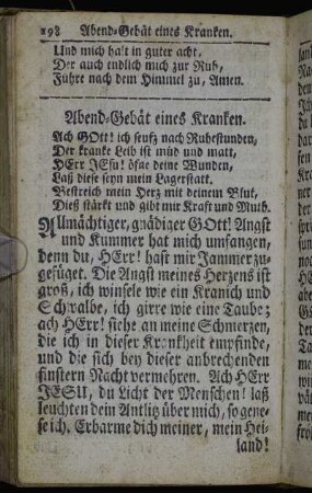 Abend-Gebät eines Kranken. - Gebät wenn man aus der Kirche nach Hause komt.