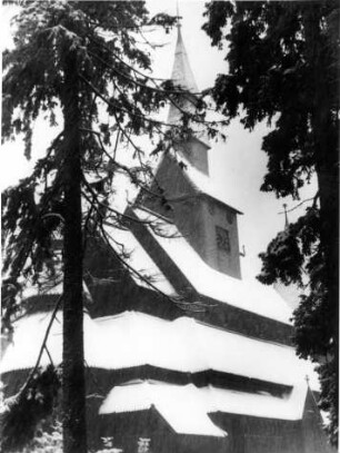 Bockswiese-Hahnenklee im Harz. Ansicht der verschneiten Gustav-Adolf Stabkirche. Aufgenommen 1934