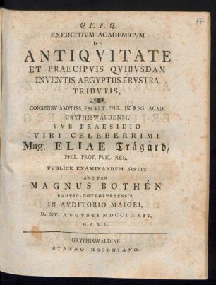 Exercitivm Academicvm De Antiqvitate Et Praecipvis Qvibvsdam Inventis Aegyptiis Frvstra Tribvtis