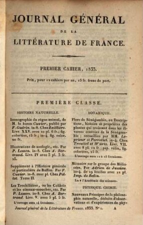 Journal général de la littérature de France : ou indicateur bibliographique et raisonné des livres nouveaux en tous genres, suivi d'un bulletin de la littérature étrangère. 36, 36. 1833