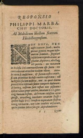 Responsio Philippi Marbachii Doctoris, Ad Maledicum libellum fratrum Heidelbergensium.