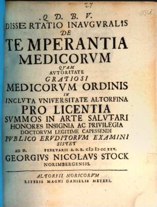 Dissertatio inauguralis de temperantia medicorum