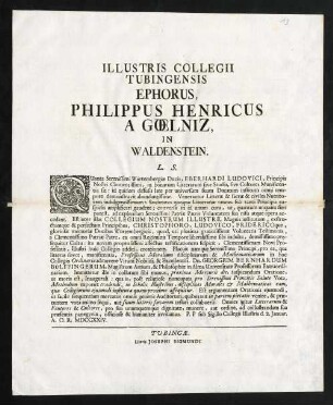 Illustris Collegii Tubingensis Ephorus, Philippus Henricus A Goelniz, In Waldenstein, L. S.