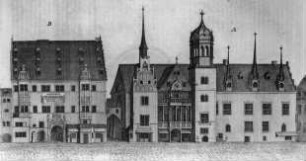 Halle (Saale), Ratswaage und Rathaus, aus Dreyhaupt, Johann Christoph von, Pagus Neletici et Nudzici, ...Halle 1749/50; Rathaus zw. 1558-1568 durch Nickel Hoffmann verändert, sog. Neue Laube; 1948 abgetragen