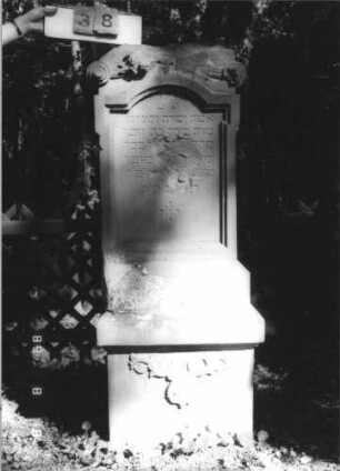 Grabstein 38 (Index: 100109123) Material: Sandstein Zustand: Abschluß zerstört, Schriftteil beschädigt Maße HxBxT: 161x62x42 cm Beschreibung: Stele auf Sockel, Abschluß zerstört, Schriftfeld eingetieft, eingezogener Rundbogenabschluß Symbolik: florale Motive Besonderheit: Sockel 39 gehört zu Stein 38.; - Sara und Salomon waren Geschwisterkinder, die einzige Sara bar Josef in RSA 2403: Grabstein 38