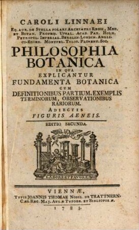 Caroli Linnaei Eq. Aur. De Stella Polari Archiatri Regii, Med. Et Botan. Profess. Upsal. Acad. Par. Holm. Petropol. Imperial. Berolin. Londin. Anglico-Edimb. Montpel. Tolos. Florent. Soc. Philosophia Botanica : In Qua Explicantur Fundamenta Botanica Cum Definitionibus Partium, Exemplis Terminorum, Observationibus Rariorum. Adiectis Figuris Aeneis