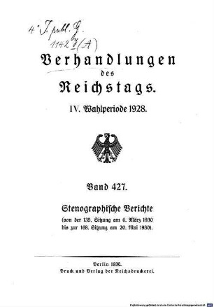 Verhandlungen des Reichstages. Stenographische Berichte. 427. 1928