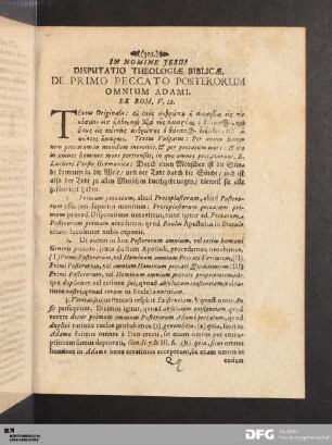 Disputatio Theologiae Biblicae, De Primo Peccato Posterorum Omnium Adami.