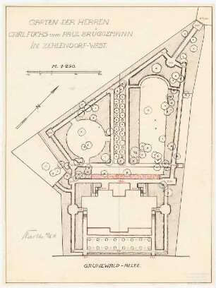 Garten der Herren Carl Fuchs und Paul Brüggemann, Berlin-Zehlendorf: Garten im Grundriss 1:250, Maßstabsleiste