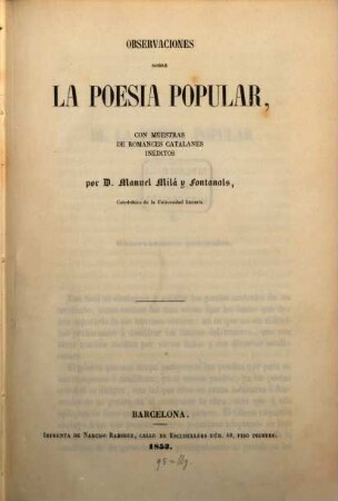 Observaciones sobre la Poesia Popular, con muestras de Romances Catalanes inéditos