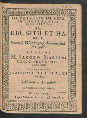 Disputationum Metaphysicarum Vigesima Septima. De Ubi, Situ Et Habitu