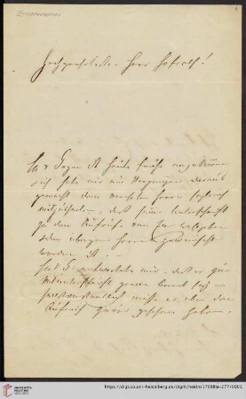 Nachlass Ludwig Häusser: Brief von Adolf Zimmern an Ludwig Häusser