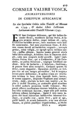 Cornelii Valerii Vonck Animadversiones In Corippum Africanum [...]