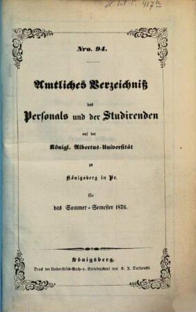 Amtliches Verzeichnis des Personals und der Studierenden der Albertus-Universität zu Königsberg i. Pr, 1876, SS = Nr. 94