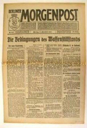 Tageszeitung "Berliner Morgenpost" u.a. zu den Bedingungen der Entente für einen Waffenstillstand