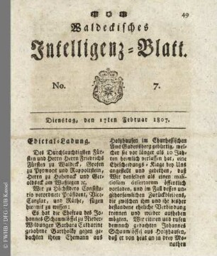 No. 7, Dienstag, den 17ten Februar 1807
