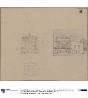 Potsdam-Sanssouci. Schloss Charlottenhof. Ansichten und Aufriss der Terrassenseite mit Portikus.