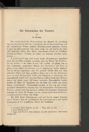 Die Dissociation des Wassers.