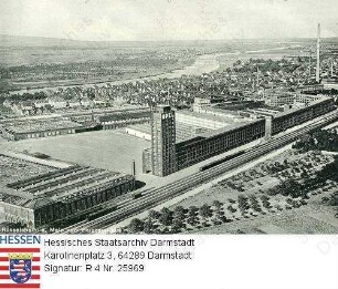 Rüsselsheim am Main, Ansicht mit Fabrikgebäude der Firma Adam Opel vom Flugzeug aus gesehen