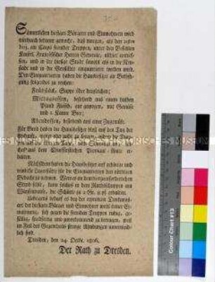 Bekanntmachung des Rats zu Dresden über Einquartierung von Militärtruppen unter französischem Befehl in Dresden