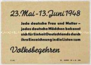 Aufruf des Demokratischen Frauenbund Deutschlands an alle Frauen zur Einzeichnung beim Volksbegehren 1948