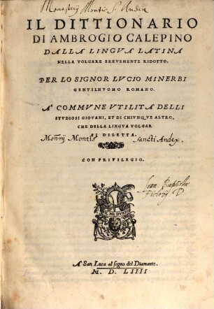 Il Dittionario Di Ambrogio Calepino Dalla Lingua Latina Nella Volgare Brevemente Ridotto