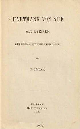 Hartmann von Aue als Lyriker : eine literarhistorische Untersuchung