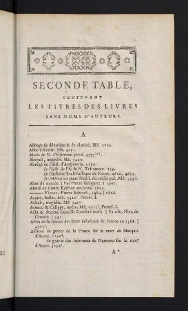 1-88, Seconde Table, Contenant les Titres des Livres sans Noms d'Auteurs