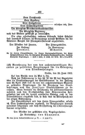 Berechnung der von den außeretatmäßigen Beamten zu zahlenden Vergütungen für die Benutzung von Dienstwohnungen : [A. Behörden und Beamte]
