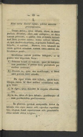 I. Num certa dentur signa, partus mortem praesagientia.