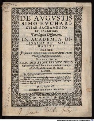 De Avgvstissimo Evcharistiae Sacramento Et Sacrificio Theologica Disputatio