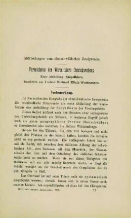 Verzeichnis der Wirbelthiere Oberschwabens. Erste Abtheilung: Säugethiere